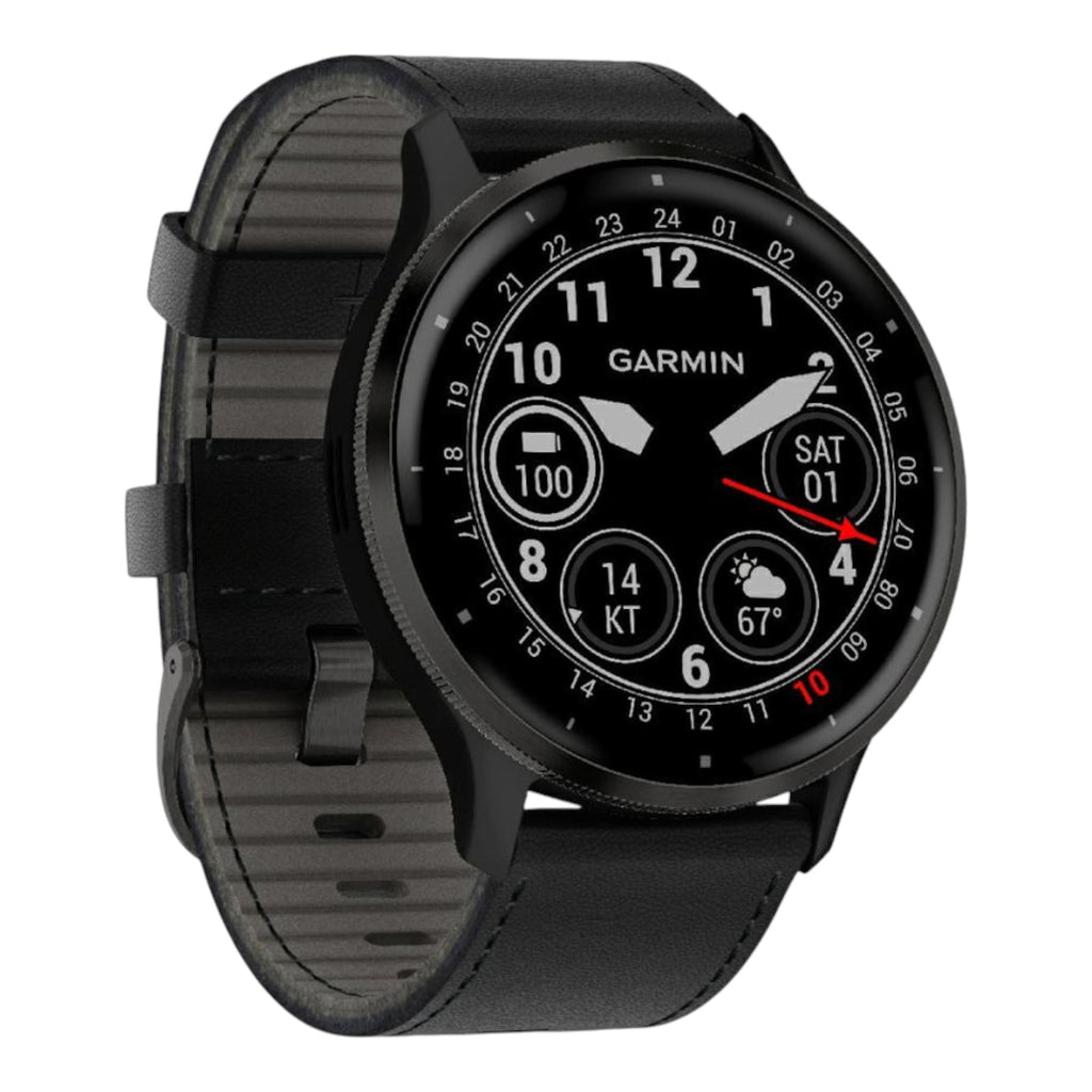 VOGTIME-MONTRES-Venu® 3  Lunette Gray en acier inoxydable avec boîtier noir et bracelet en cuir noir - 010-02784-52