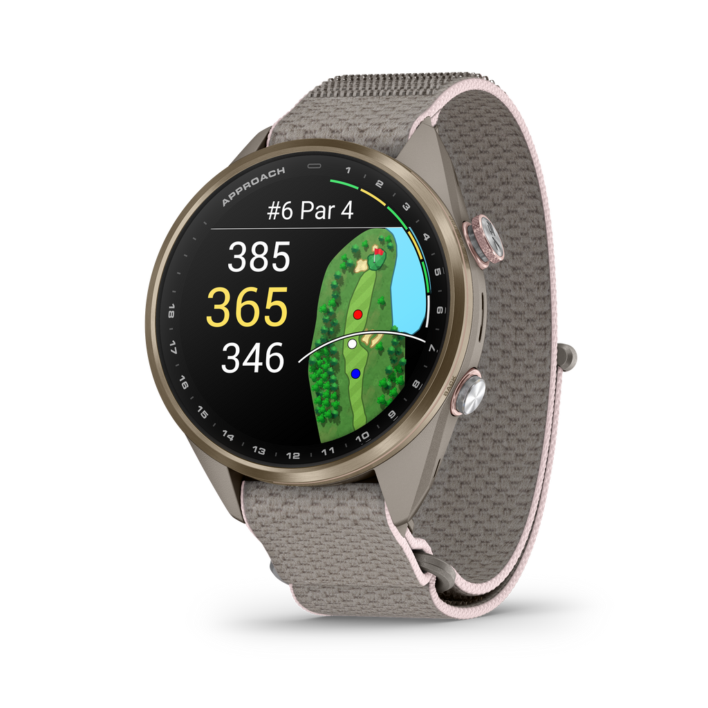 GARMIN - Approach® S72 - 43 mm - Lunette titane Soft Gold/rose pâle, bracelet tissu ComfortFit lin/rose pâle - 010-04147-04