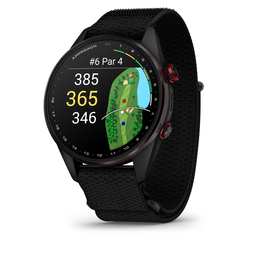 GARMIN - Approach® S72 - 47 mm - Lunette titane Carbon Gray DLC/rouge, bracelet tissu ComfortFit noir - 010-04148-02