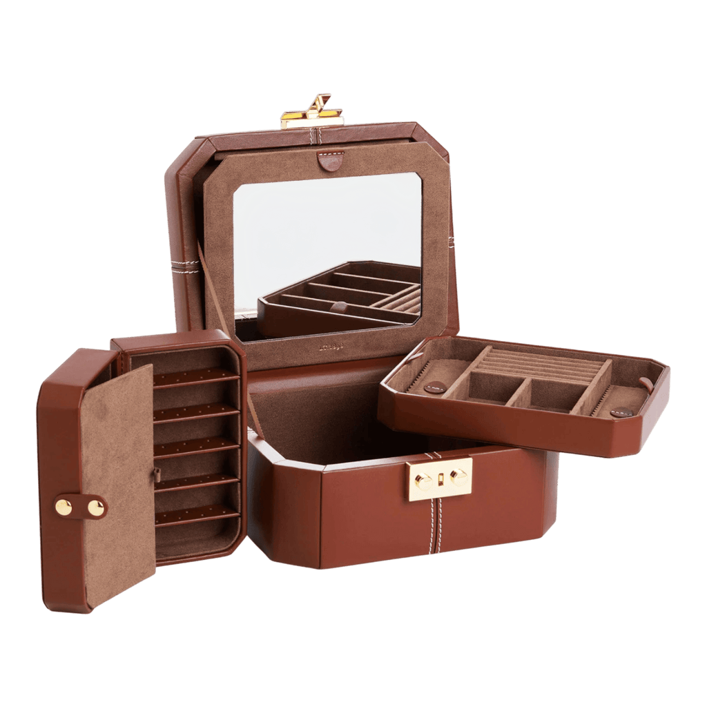 petite boite à bijoux fermoir t en cuir - Marron Acajou Blanc Craie - TBJ7400Q62