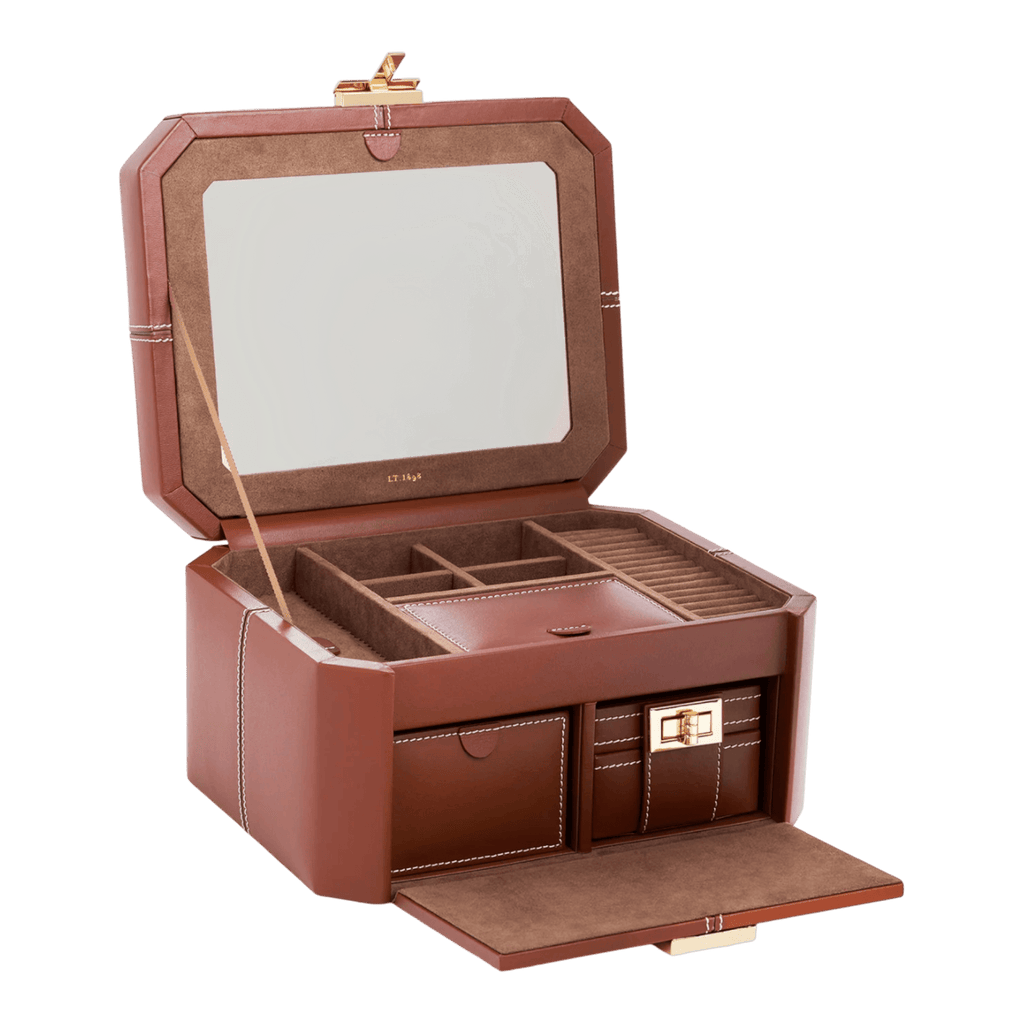 grande boite à bijoux fermoir t en cuir - Marron Acajou Blanc Craie - TBJ7401Q62