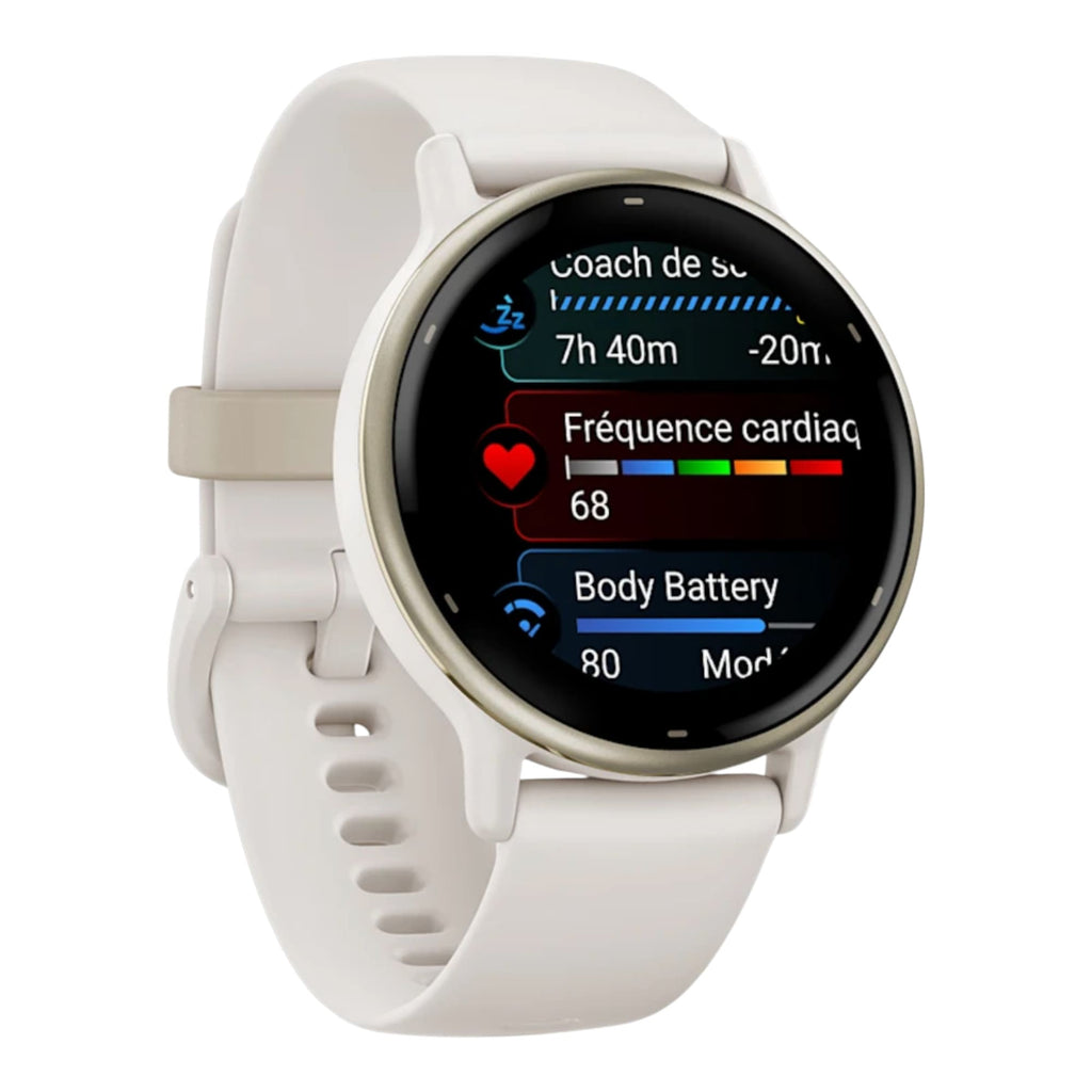 VOGTIME-MONTRES-GARMIN - vívoactive® 5 - Boitier ivoire avec lunette en aluminium Soft Gold et bracelet silicone ivoire - 010-02862-11